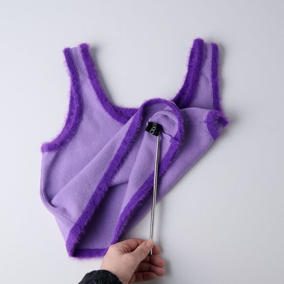 Y2K Baby Fur Top Sz L Purple Ribbed Tank Contrast Trim Scoop Neck Cropped Cider - Picture 5 of 7